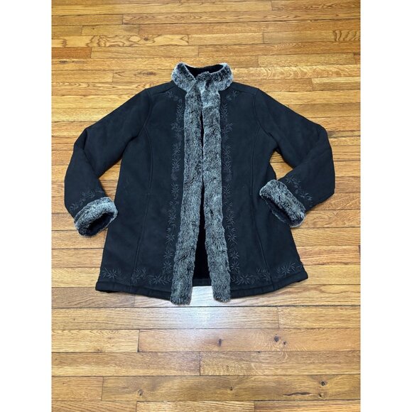 LL Bean Womens Coat Sz Medium Black Shearling Faux Suede Jacket Sherpa Rancher - Picture 1 of 10